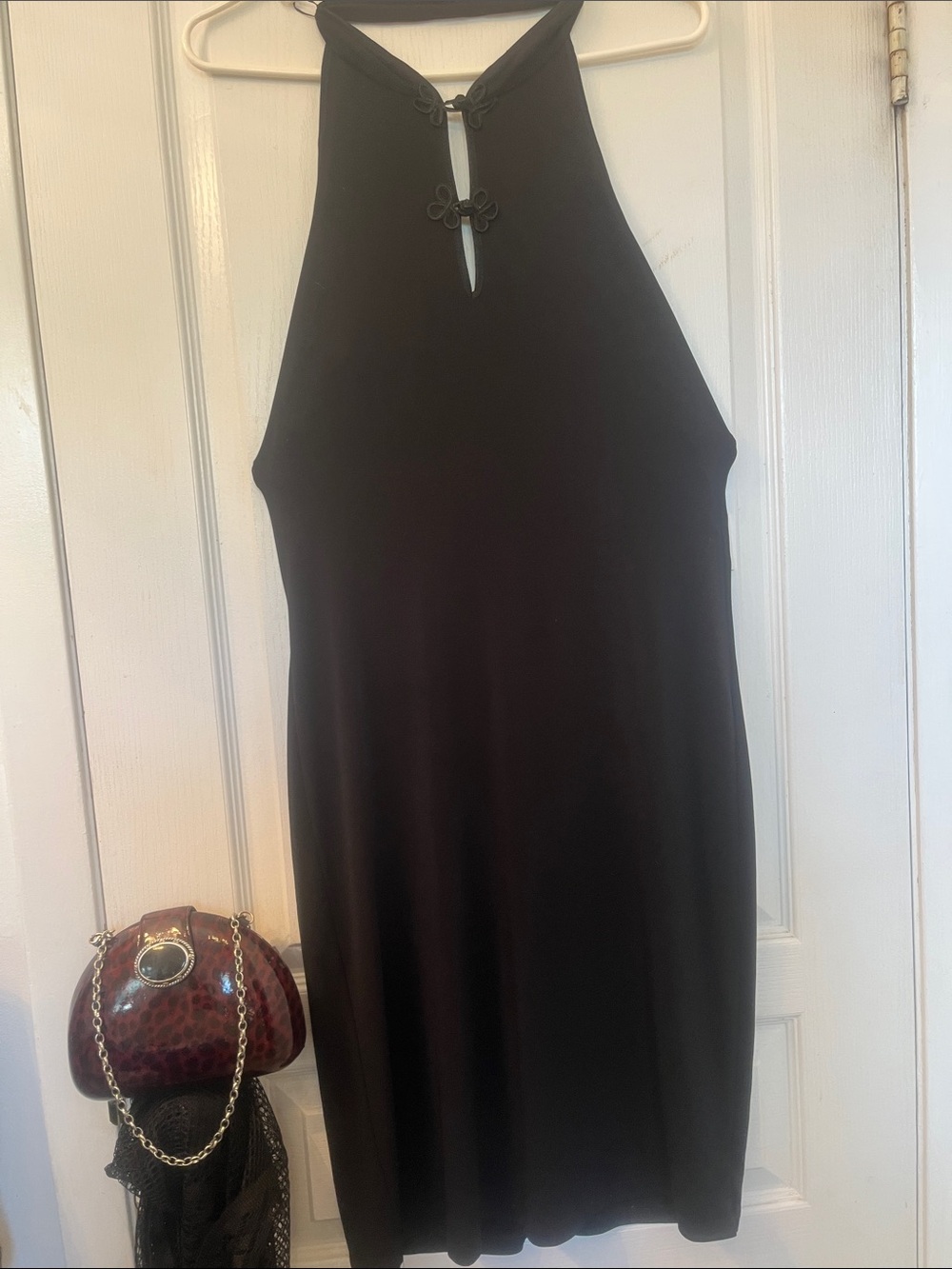 Chic Black Halter Mini Dress with Keyhole Frog Closure Accent